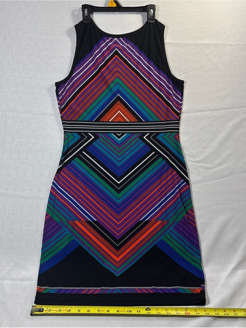 Calvin Klein Sleeveless Geo-Stripe Mini Dress in Purple, Teal, Blue and Orange - Picture 2 of 6